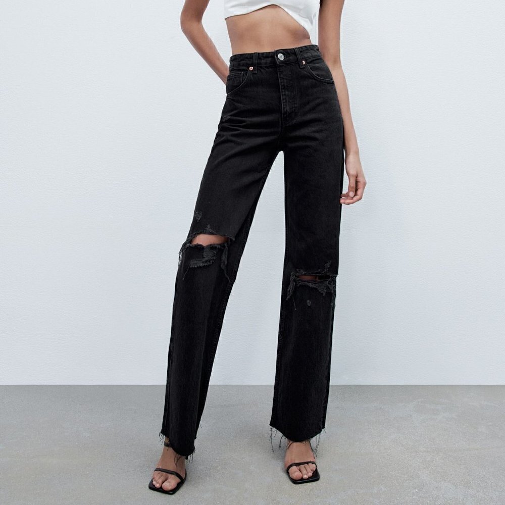 Zara Women's Ripped Wide Leg Jeans Size 0 Black Distressed Raw Hem High Rise